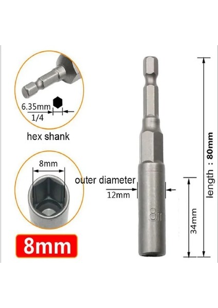 8mm 1 Adet 80MM Uzunluk 1/4 "hex Hex Soketler 5.5-17MM Sürücü Magne Soket Darbe Somun Cıvata Matkap Uçları Tornavida Uçları (Yurt Dışından)