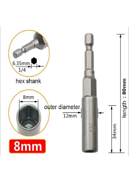 8mm 1 Adet 80MM Uzunluk 1/4 "hex Hex Soketler 5.5-17MM Sürücü Magne Soket Darbe Somun Cıvata Matkap Uçları Tornavida Uçları (Yurt Dışından)