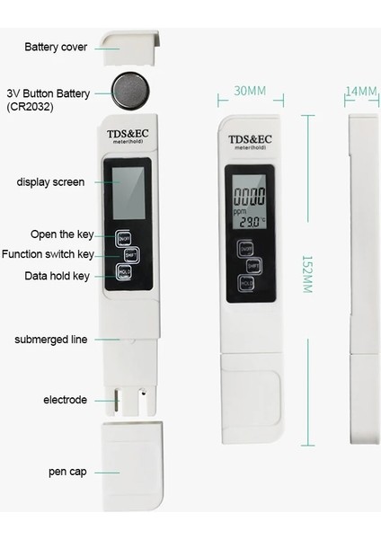 Beyaz Hiçbir Arka Işık Su Kalitesi Test Kalemi LCD Profesyonel 3'ü 1 Arada Ph Test Cihazı Tds Ec Sıcaklık Ölçer Ev Içme Suyu Saflık Test Kalemi (Yurt Dışından)