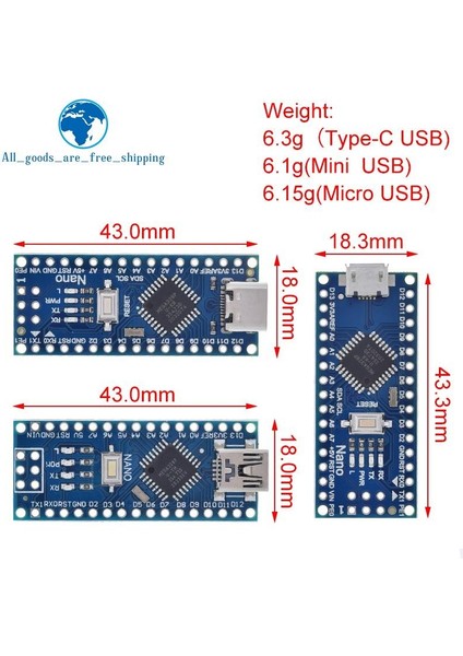 Tip-C USB Kablosu Mini / Tip-C / Mikro USB Nano 3.0 Arduino CH340 USB Sürücüsü Için Önyükleyici Uyumlu Nano Denetleyici ile 16MHZ ATMEGA328P (Yurt Dışından) modelleri