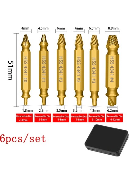 6 Adet Altın Kutu ile Hhs Çift Uçlu Vida Çıkarıcı Hasarlı Vida Çıkarıcı Matkap Ucu Çıkarıcı Matkap Seti Kırık Hız Çıkışı Cıvata Çıkarıcı Cıvata Saplama (Yurt Dışından)