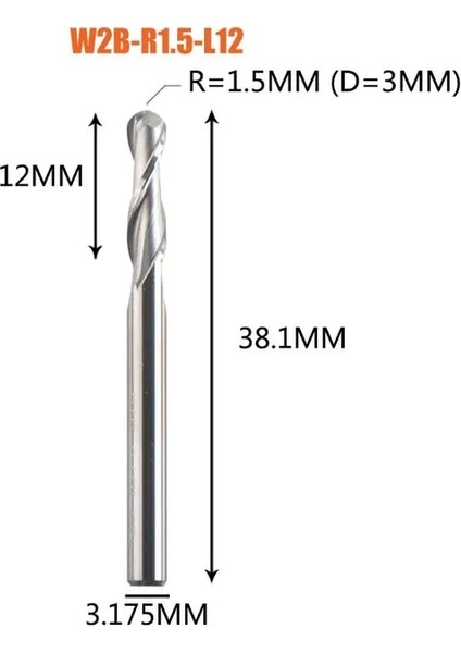 W2B-R1.5-L12 Dreanique 1 Adet Karbür Bilyalı Uçlu Freze Kesici 2 Flüt R0.5-R4.0 Freze Freze Ucu Ahşap ve Alüminyum Cnc Için (Yurt Dışından)