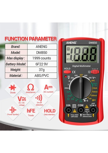 Kırmızı DM850 2000 Sayım Akıllı Multimetre Taşınabilir Ac Dc Test Cihazı Volt Voltmetre Ampermetre Ohm Gerilim Akım Direnç Frekans Ölçer (Yurt Dışından) fırsatları