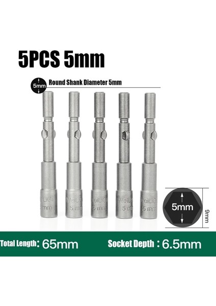 5 Adet 5mm 5 Adet 3MM-19MM 801 Elektrikli Darbeli Altıgen Soket 5mm Yuvarlak Saplı Vida Somun Anahtarı Tornavida Matkap Ucu Adaptör Soketi Manyetik Olmayan (Yurt Dışından)