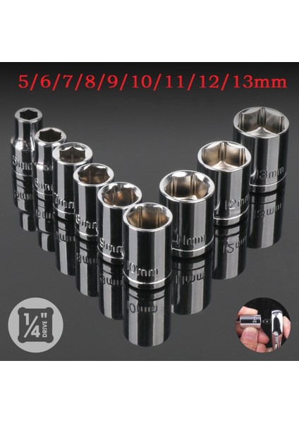 9 Adet Altıgen Soketler 1/4 Inç Sürücü 5-13MM Hex Bit Metrik Lokma Anahtar Başlı Somun Temizleme Aracı Bit Kol Kiti Cırcır Anahtarı Aracı (Yurt Dışından)