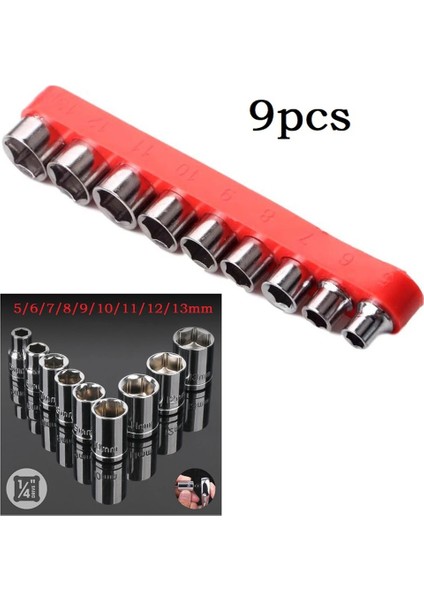 9 Adet Altıgen Soketler 1/4 Inç Sürücü 5-13MM Hex Bit Metrik Lokma Anahtar Başlı Somun Temizleme Aracı Bit Kol Kiti Cırcır Anahtarı Aracı (Yurt Dışından)