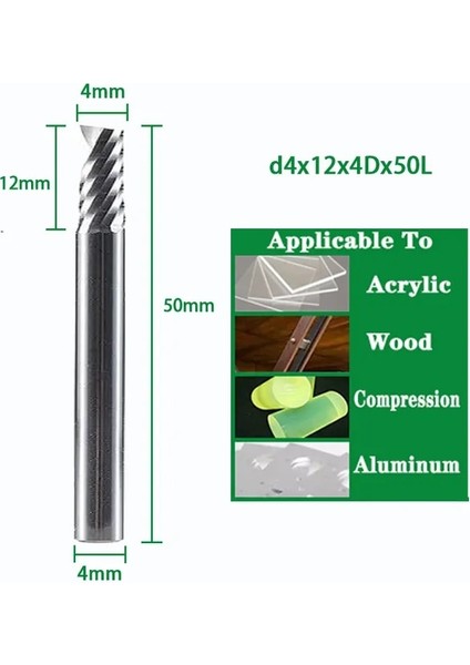 D4X12X4DX50L Spiral Uçlu Değirmen 3.175/4/5/6/8MM Shank Tek Flüt Freze Kesiciler 3D Cnc Freze Ucu Gravür Kesim Akrilik Ahşap Alüminyum (Yurt Dışından)