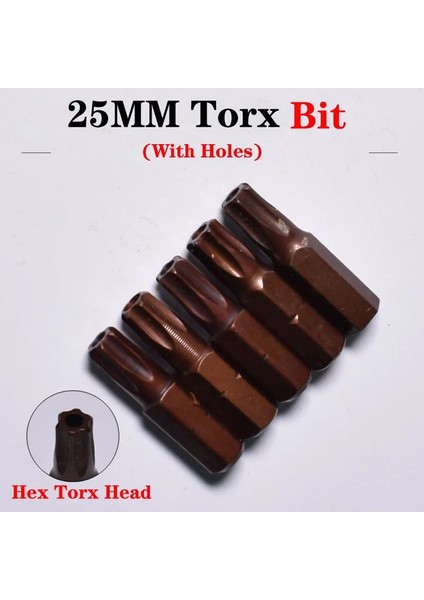 T10- 5 Adet 5 Adet/takım 25MM Torx Tornavida Bit Seti S2 Çelik 1/4 "hex Shank Manyetik T8-T40 Delikli Tornavida Elektrikli Kafa Torx Bit Seti (Yurt Dışından)