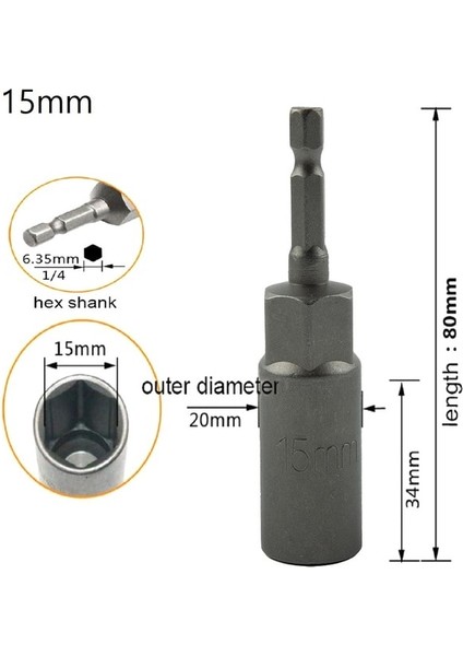 15MM 1 Adet Altıgen Soket Kol Nozulları Somun Anahtarı Seti 80MM Uzunluk 1/4 "güç Somunları Sürücü Soket Tornavida Seti Uçları Setleri Araçları 5.5-17MM (Yurt Dışından)