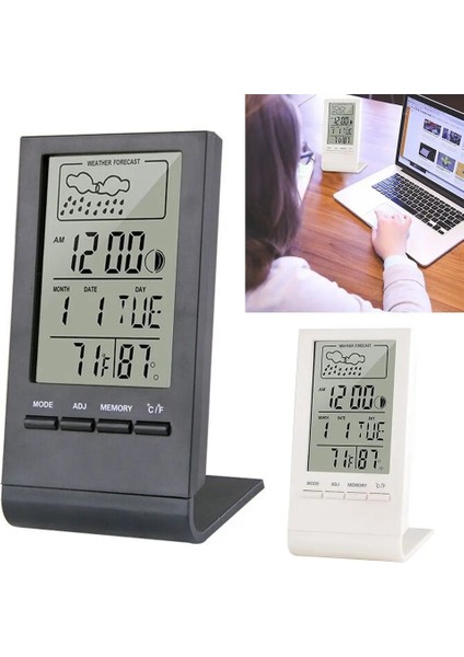 Siyah Dijital LCD Elektronik Termometre Higrometre Nem Ölçer Sıcaklık Saati Kapalı Oda Masaüstü Çalar Saat (Yurt Dışından)
