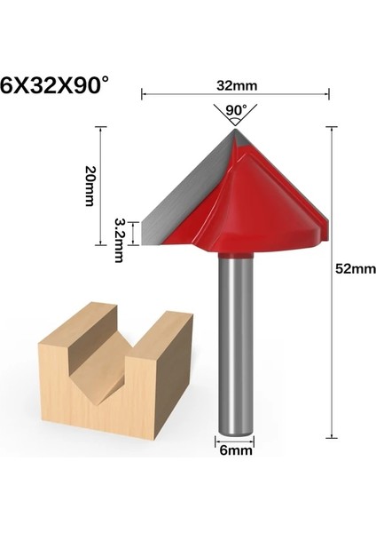 6X32X90 6mm V Bit-1pcs, Cnc Katı Karbür Parmak Freze, Tungsten Çelik Ağaç Işleme Freze Kesicisi, 3D Ahşap Mdf Freze Ucu, 60 90 120 150 Derece (Yurt Dışından)