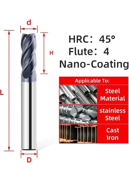 D3XD3X75L 1 Adet HRC45 4f Takım Gözü HRC45 4 Flüt Karbür Freze Kesici Uç Frezeler Cnc Işleme Metal Işleme Alaşım Kaplama Düz Freze 1 2 3 5 6 7 8 10MM (Yurt Dışından)