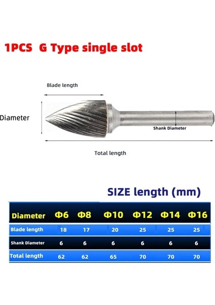 6 mm G Tipi 1 Adet Kafa Tungsten Karbür Döner Dosya Aracı Noktası Çapak Kalıp Öğütücü Aşındırıcı Aletler 6 mm Shank Matkap Freze Oyma Ucu Araçları (Yurt Dışından)