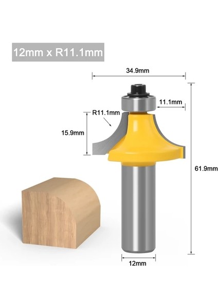 12 x R11.1 1 Adet 0.5in 12MM Shank Köşe Yuvarlak Yönlendirici Bit Ahşap Ağaç Işleme Aracı Için Rulman ile Tungsten Karbür Freze Kesici (Yurt Dışından)