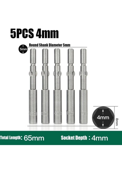 5 Adet 4mm 5 Adet 3MM-19MM 801 Elektrikli Darbeli Altıgen Soket 5mm Yuvarlak Saplı Vida Somun Anahtarı Tornavida Matkap Ucu Adaptör Soketi Manyetik Olmayan (Yurt Dışından)