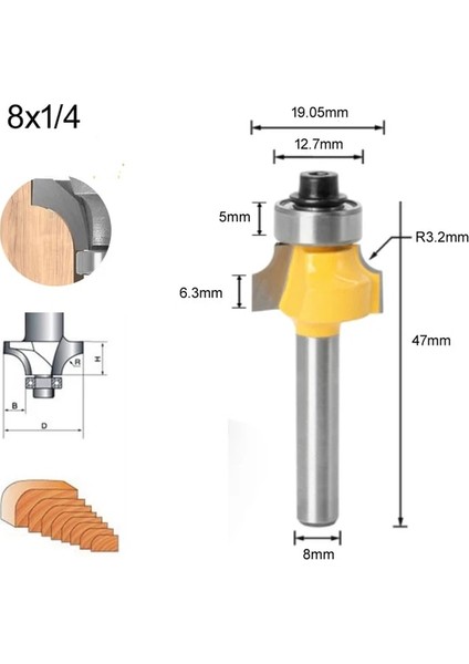 8X19.05MMXR3.2MM 6MM/6.35MM/8MM Shank Yuvarlama Kenar Ucu Köşe Yuvarlama Yönlendirici Bit Üzerinde Rulman Ahşap Freze Kesicisi Tungsten Karbür Aracı (Yurt Dışından)