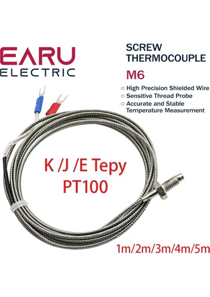 M6 Tip K 5m Konu M6 Vidalı Prob Sıcaklık Sensörü Termokupl Kje PT100 Tip 0-400°C 1/2/3/4/5m Uzun Kablo Pıd Kontrol Termometresi (Yurt Dışından)