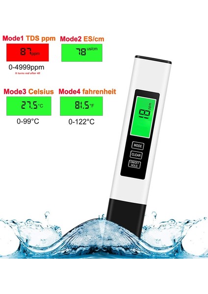 Arkadan Aydınlatmalı Dijital Ec Tds Metre Test Cihazı Sıcaklık Kalem Su Saflığı Ppm Filtre Hidroponik Akvaryum Havuz Suyu Monitörü (Yurt Dışından)