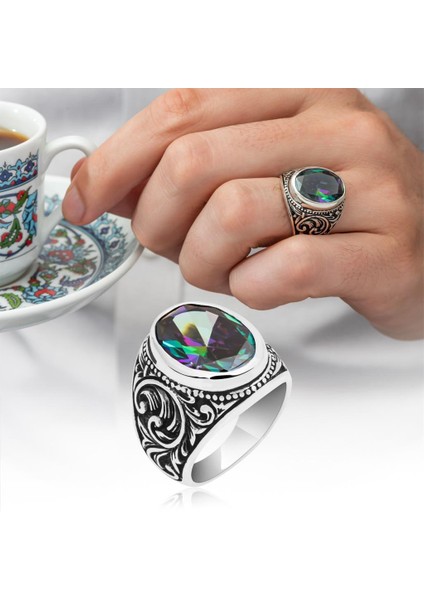Oval Mistik Topaz Taşlı 925 Gümüş Erkek Yüzük