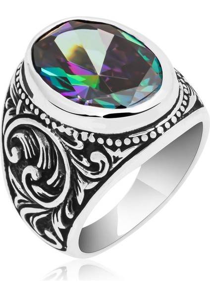 Oval Mistik Topaz Taşlı 925 Gümüş Erkek Yüzük fiyatları