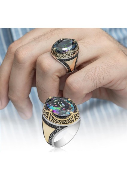 Oval Mistik Topaz Taşlı 925 Gümüş Erkek Yüzük