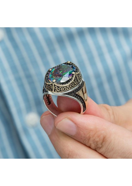 Oval Mistik Topaz Taşlı 925 Gümüş Erkek Yüzük indirimleri