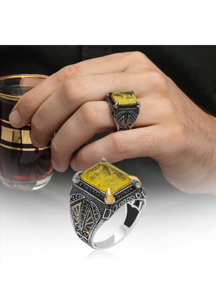 Sarı Paraiba Has Taşlı 925 Gümüş Erkek Yüzük