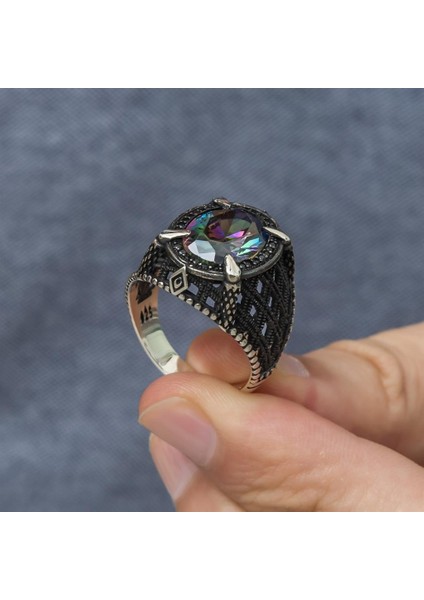 Mistik Topaz Taşlı Pençeli 925 Gümüş Erkek Yüzük indirimleri