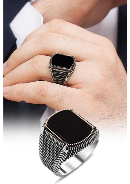 Kare Siyah Oniks Taşlı 925 Gümüş Erkek Yüzük