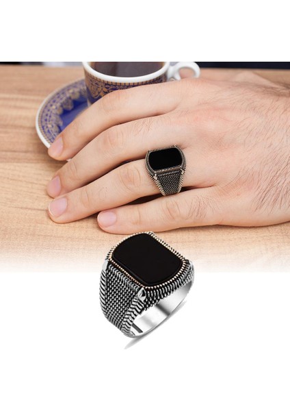Kare Siyah Oniks Taşlı 925 Gümüş Erkek Yüzük fiyatları