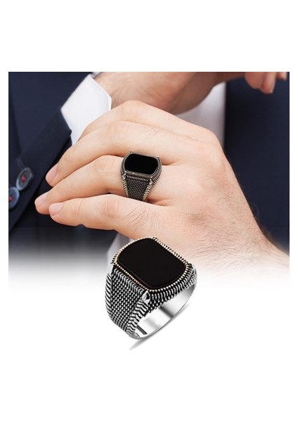 Kare Siyah Oniks Taşlı 925 Gümüş Erkek Yüzük fırsatları