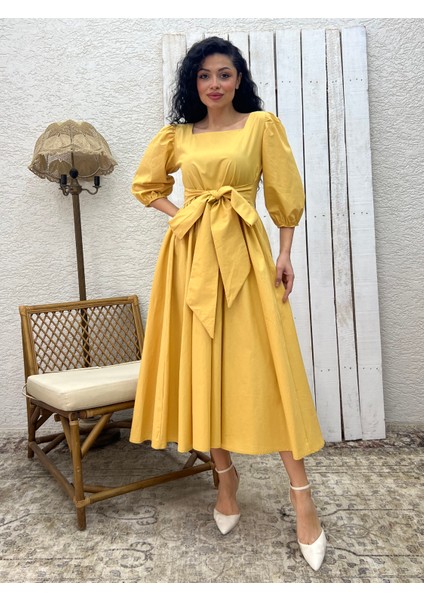 Hardal Uzun Fiyonklu Kloş Poplin Elbise