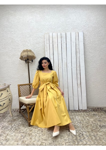 Hardal Uzun Fiyonklu Kloş Poplin Elbise fiyatları