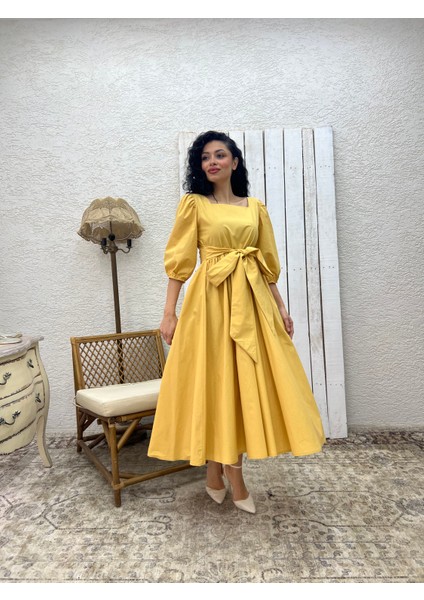 Hardal Uzun Fiyonklu Kloş Poplin Elbise modelleri
