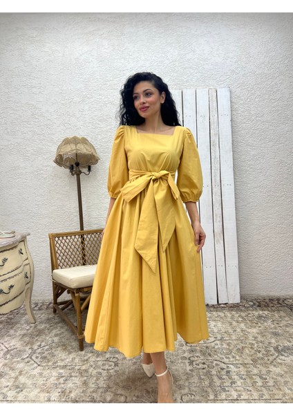 Hardal Uzun Fiyonklu Kloş Poplin Elbise fırsatları