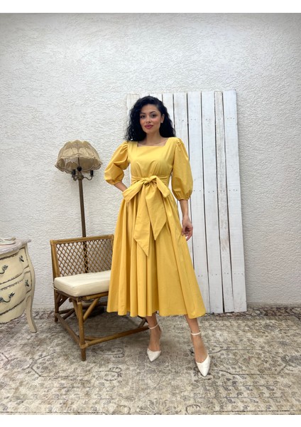 Hardal Uzun Fiyonklu Kloş Poplin Elbise indirimleri