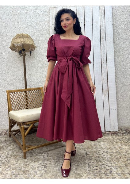 Bordo Uzun Fiyonklu Kloş Poplin Elbise