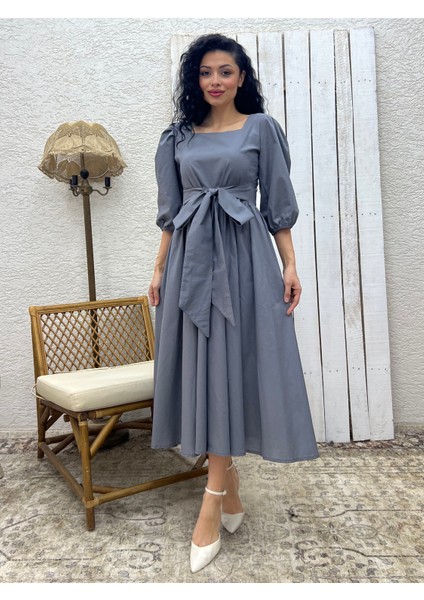 Gri Uzun Fiyonklu Kloş Poplin Elbise