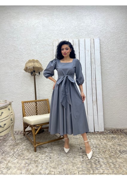 Gri Uzun Fiyonklu Kloş Poplin Elbise fiyatları