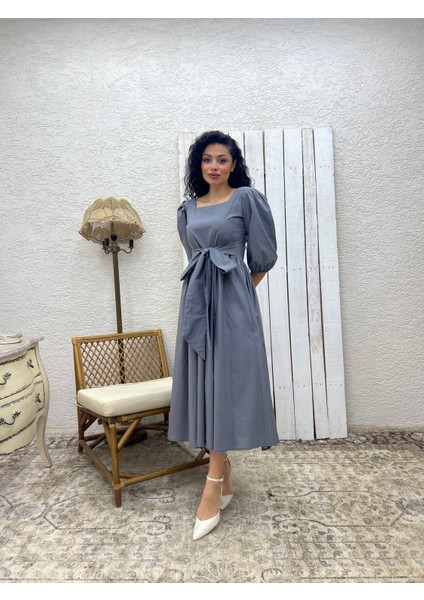 Gri Uzun Fiyonklu Kloş Poplin Elbise modelleri
