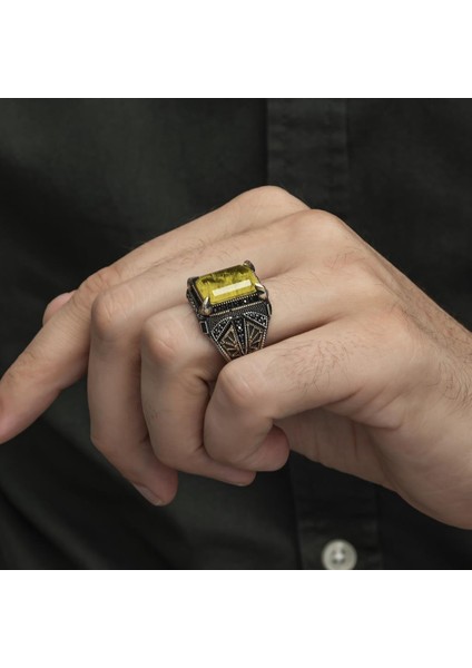 Sarı Paraiba Has Taşlı 925 Gümüş Erkek Yüzük fırsatları