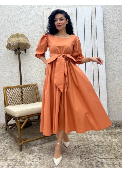 Somon Uzun Fiyonklu Kloş Poplin Elbise
