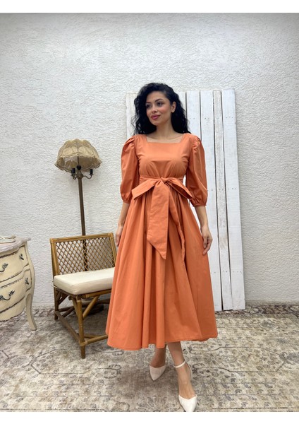 Somon Uzun Fiyonklu Kloş Poplin Elbise modelleri