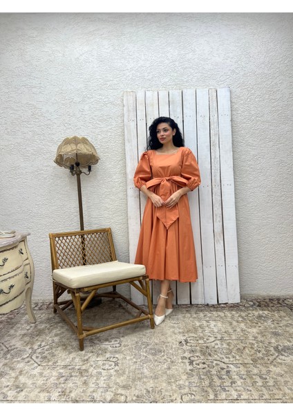 Somon Uzun Fiyonklu Kloş Poplin Elbise fırsatları