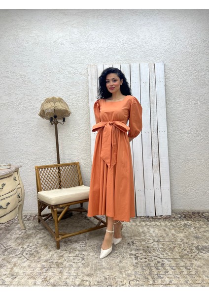 Somon Uzun Fiyonklu Kloş Poplin Elbise indirimleri