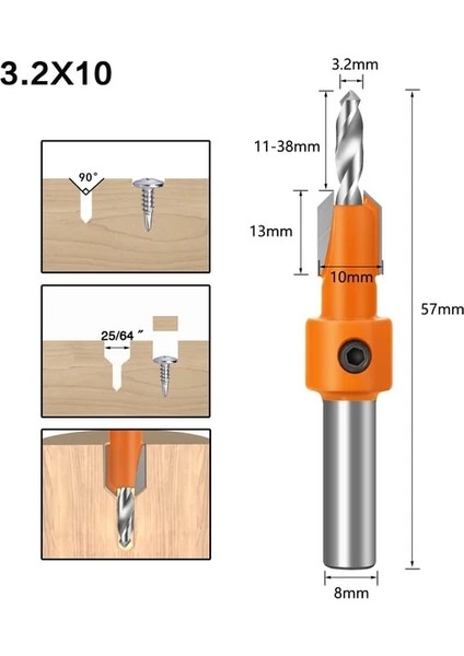 3.2MMX10 8mm Shank Hss Ağaç Işleme Havşa Yönlendirici Bit Seti Vida Extractor Remon Yıkım Ahşap Freze Kesici (Yurt Dışından)