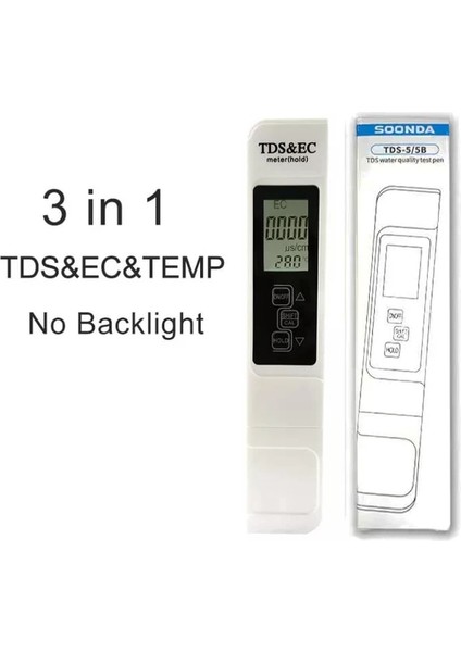 Tds-Ec-No Arka Işık 3'ü 1 Arada Tds Ec Sıcaklık Monitörü 0-9999 Ppm Su Sayacı Hızlı Pcr Içme Suyu Kalitesi Test Cihazı Analizörü Akvaryum Filtre Test Cihazı (Yurt Dışından)