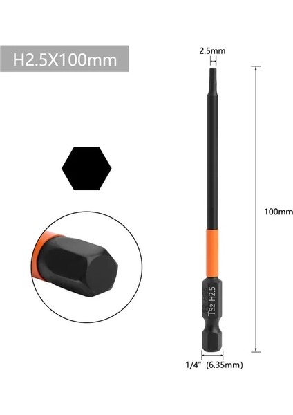 H2.5X100MM 1/4 "şap Tornavida Kafa Allen Anahtarı Matkap Uçları Manyetik Tornavida Ucu Seti Elektrikli Altıgen Bit Tornavida Lokma Bit (Yurt Dışından)