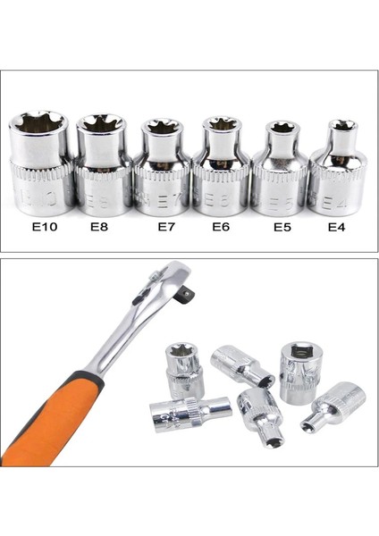 6 Adet 1/4in Cırcır Soket Setleri Tork Anahtarı Torx Yıldız Dişi Soket Adaptörü E Soket Sürücü Ortak El Aletleri E4 E5 E6 E7 E8 E10 (Yurt Dışından)