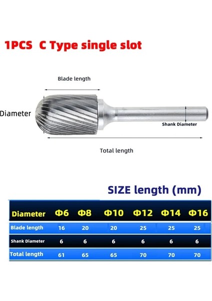 6mm C Tipi 1 Adet Kafa Tungsten Karbür Döner Dosya Aracı Noktası Çapak Kalıp Öğütücü Aşındırıcı Aletler 6mm Shank Matkap Freze Oyma Ucu Araçları (Yurt Dışından)